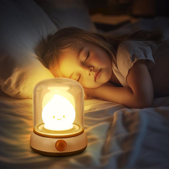maman bebe explorent veilleuse bebe posee sur table